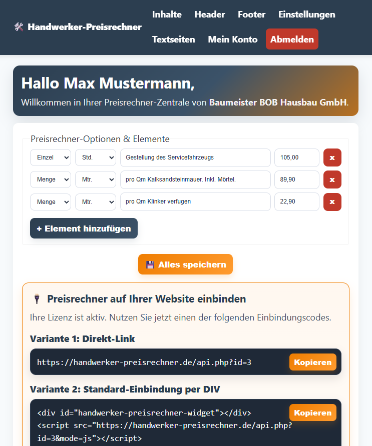 Handwerker Preisrechner Login-Bereich für mehr Kundenvertrauen