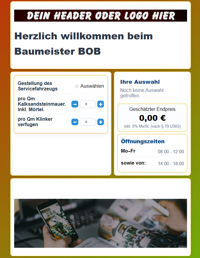 Fertiger Handwerker Preisrechner für die Website